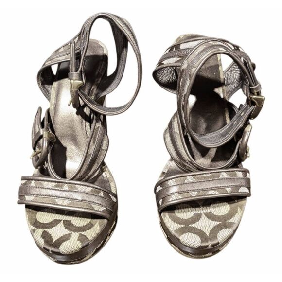 COACH Maralee Brown Signature Ankle Strap Wedge Sandal Size 5.5B - Picture 4 of 10